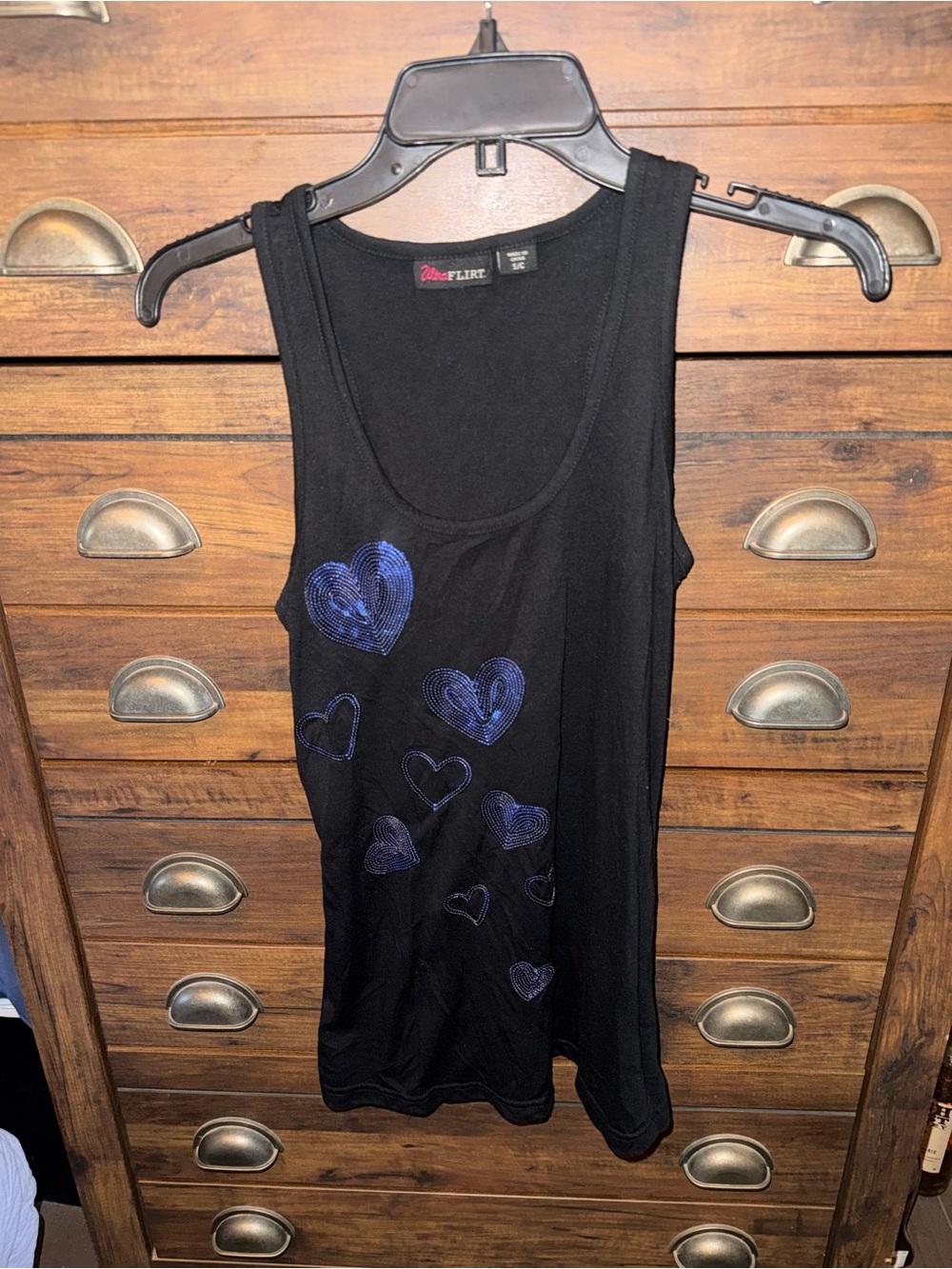 Ultra Flirt Black Tank Top with Blue Heart Accents